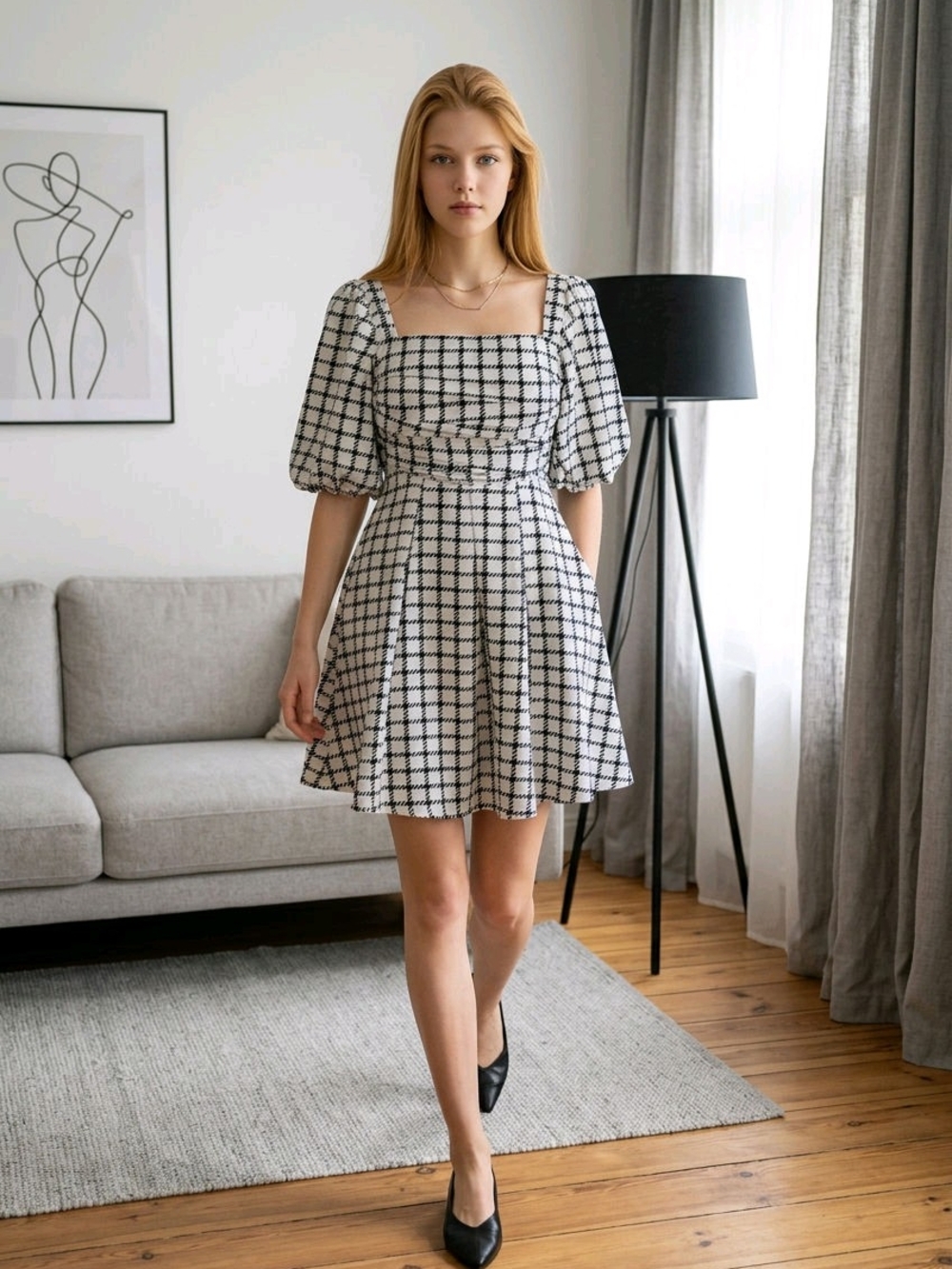 Avantlook Black & White Checked Square Neck Puff Sleeve Mini Dress